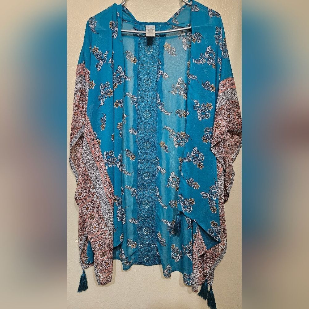 Trime Tru Floral Sheer Kimono One Size Boho Open Front Tassel Lightweight
